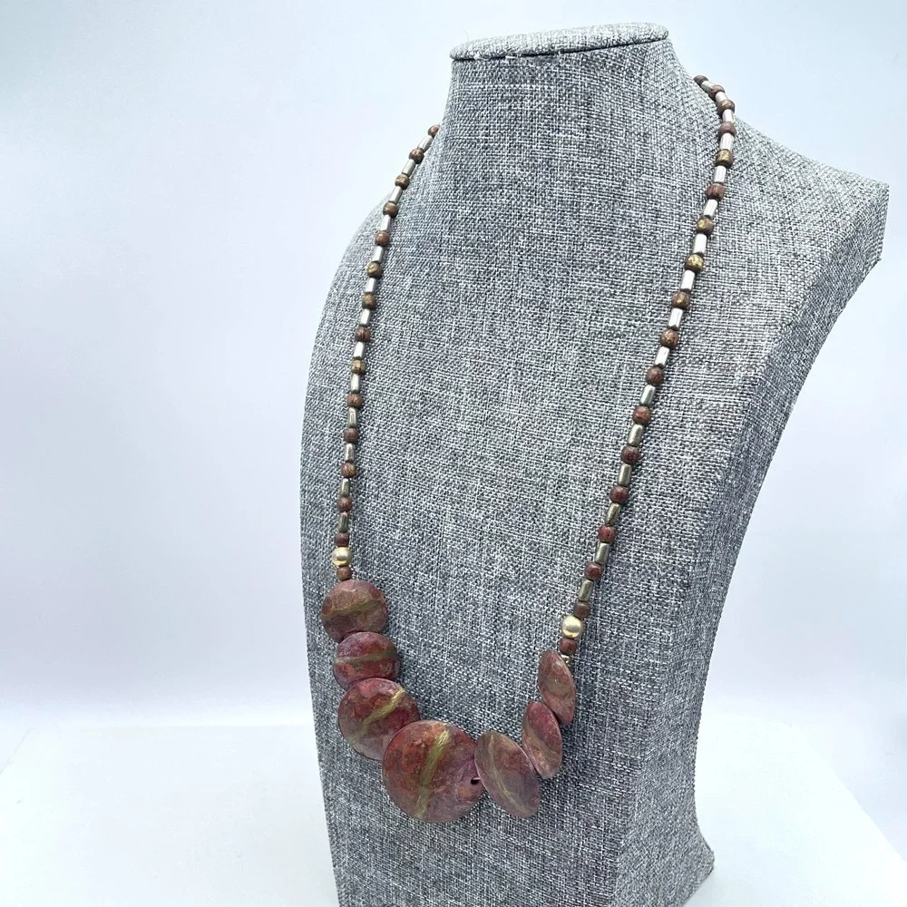 VTG‎ Earthy Jasper Stone Slab Necklace Brown Wood Tube Spacer Bead Chunky Tribal